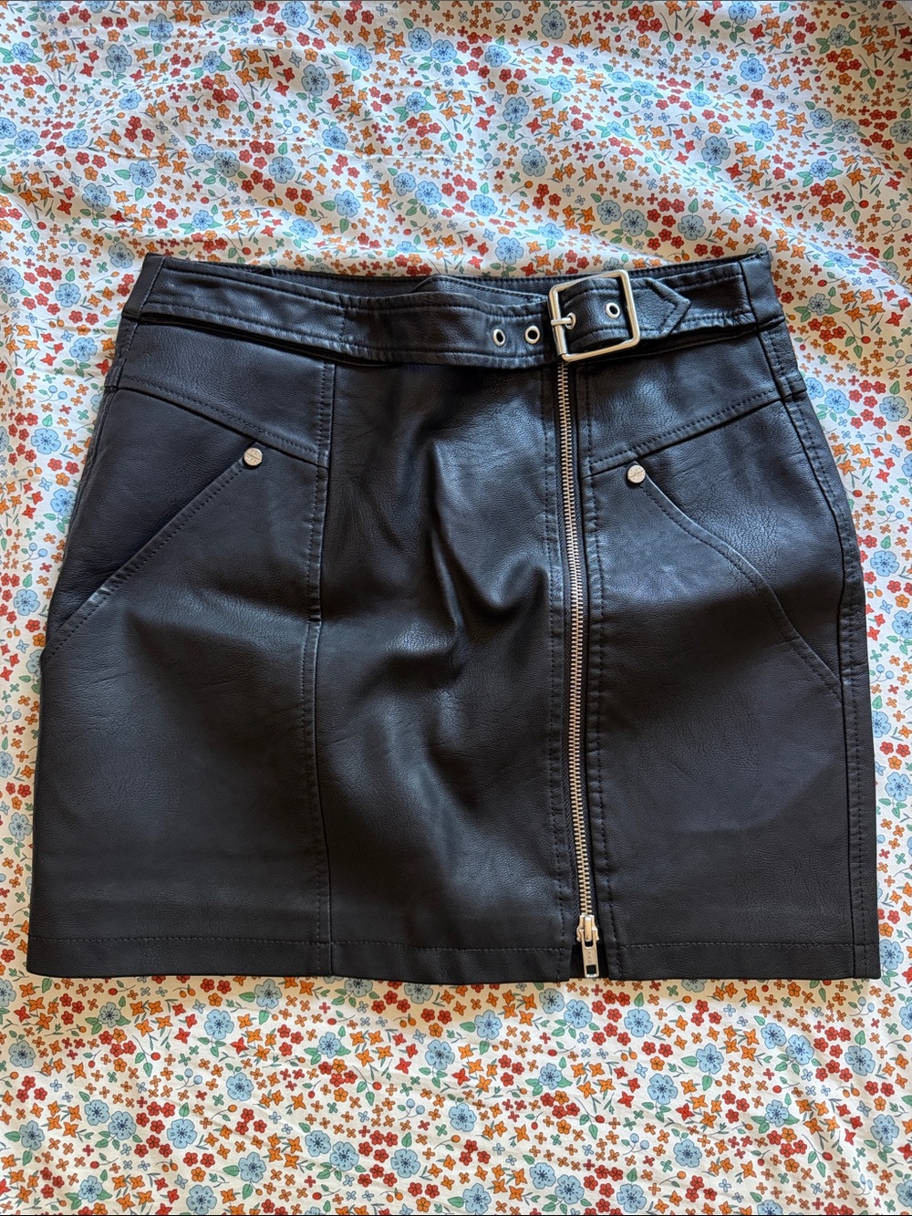 Obey Black Faux Leather Mini Skirt with Front Zip and Belt Detail